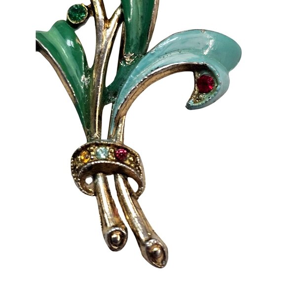Vintage Enamel Tulip Brooch With Rhinestones Gold-Tone Floral Pin Green & Multic - Picture 5 of 16
